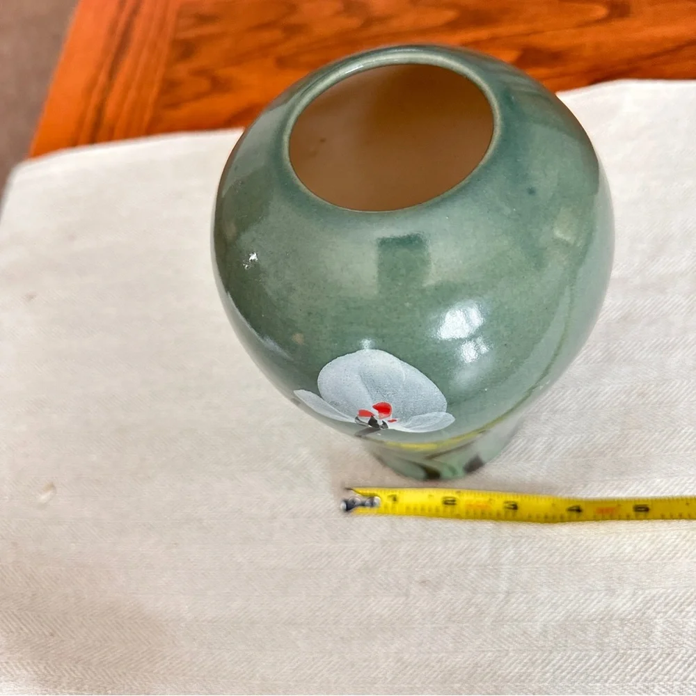 Vintage hand painted green floral vase